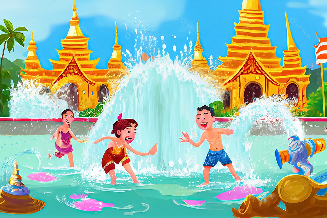Crianças dos desenhos animados espirrando água na tradição tailandesa do festival songkran
