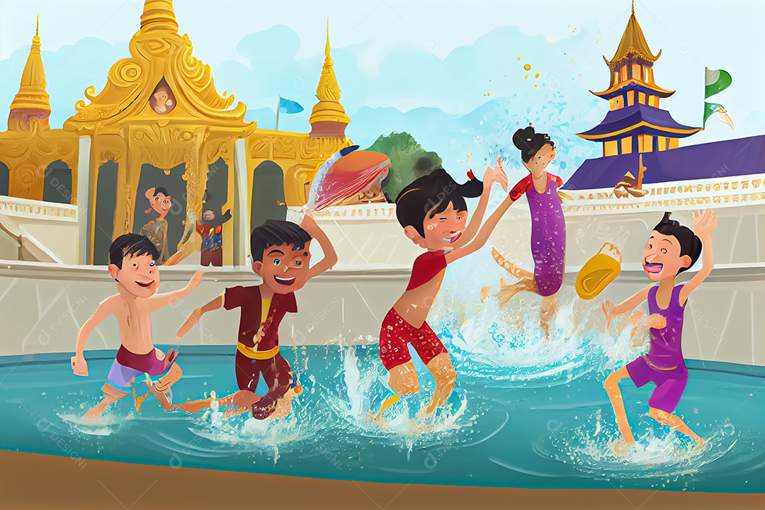 Crianças dos desenhos animados espirrando água na tradição tailandesa do festival songkran