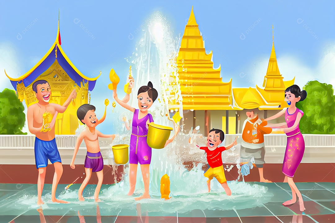 Crianças dos desenhos animados espirrando água na tradição tailandesa do festival songkran