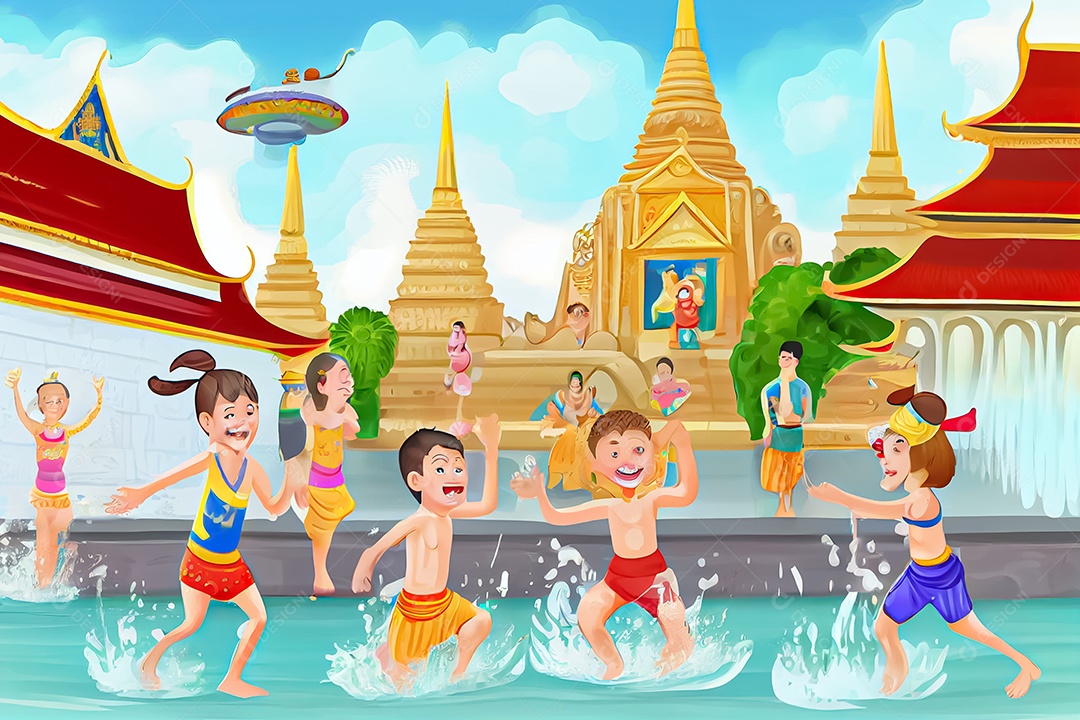 Crianças dos desenhos animados espirrando água na tradição tailandesa do festival songkran