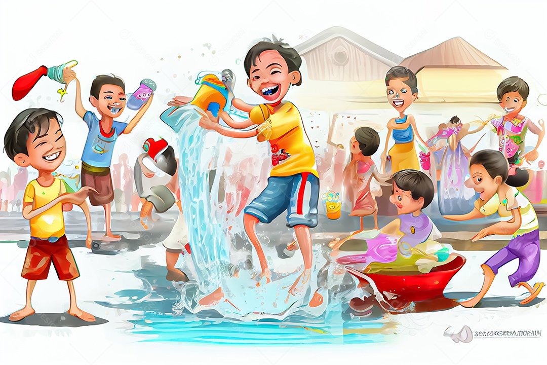 Crianças dos desenhos animados espirrando água na tradição tailandesa do festival songkran