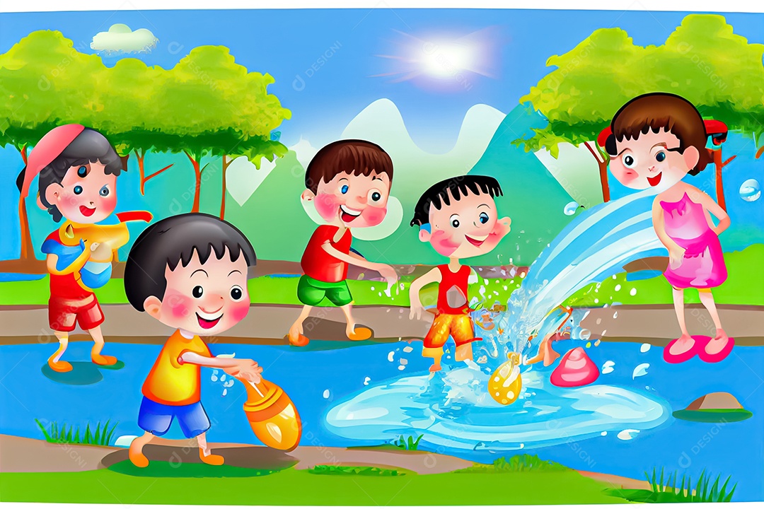 Crianças dos desenhos animados espirrando água na tradição tailandesa do festival songkran