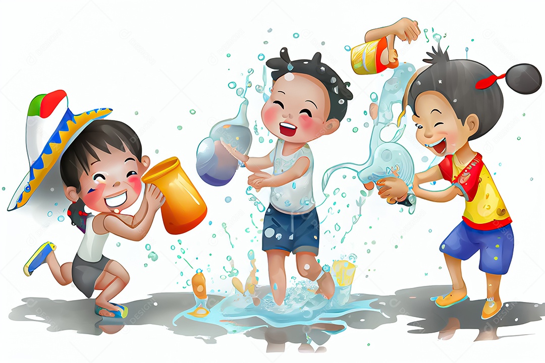 Crianças dos desenhos animados espirrando água na tradição tailandesa do festival songkran