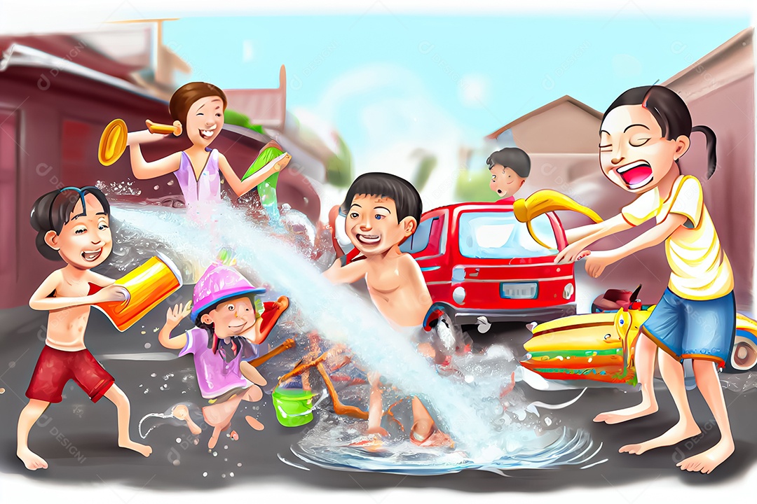 Crianças dos desenhos animados espirrando água na tradição tailandesa do festival songkran