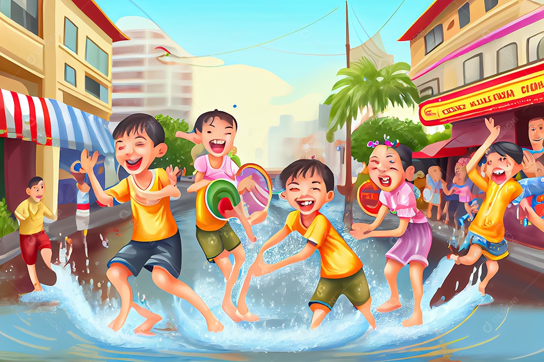 Crianças dos desenhos animados espirrando água na tradição tailandesa do festival songkran