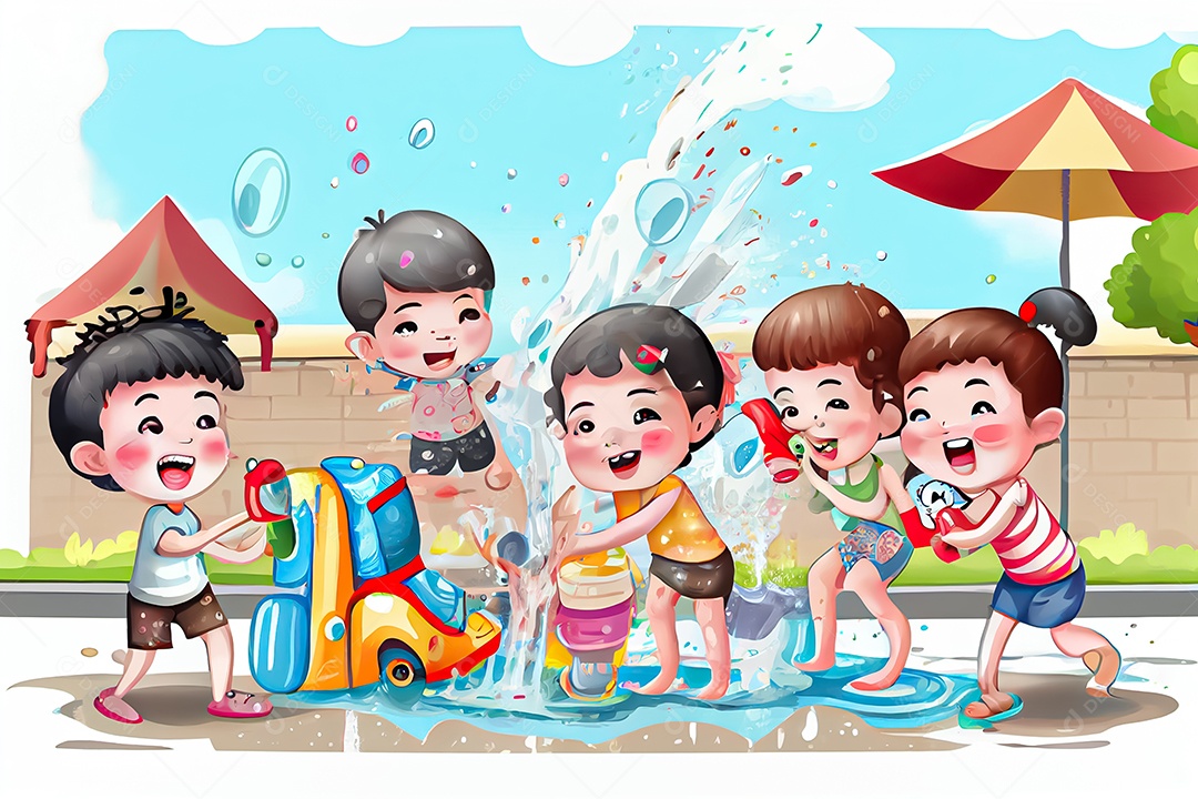 Crianças dos desenhos animados espirrando água na tradição tailandesa do festival songkran