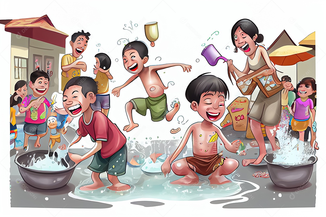 Crianças dos desenhos animados espirrando água na tradição tailandesa do festival songkran