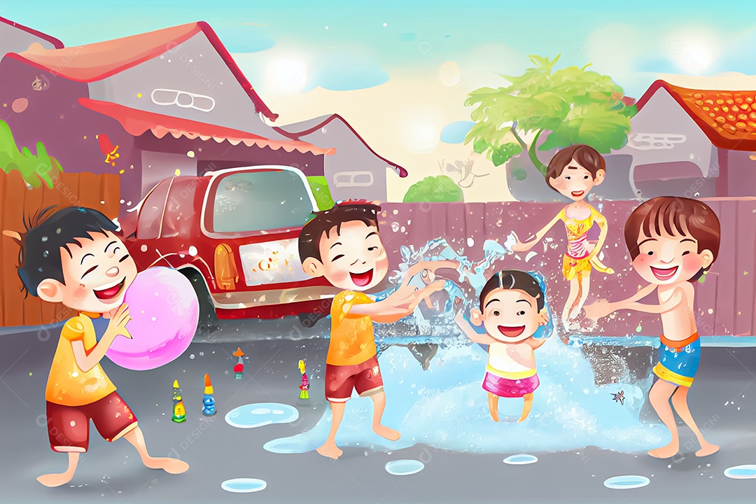 Crianças dos desenhos animados espirrando água na tradição tailandesa do festival songkran