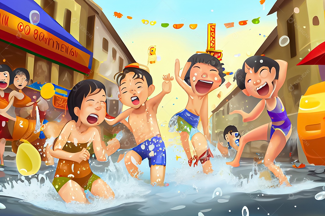 Crianças dos desenhos animados espirrando água na tradição tailandesa do festival songkran