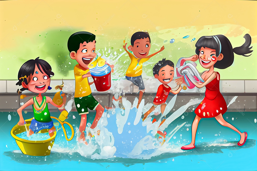 Crianças dos desenhos animados espirrando água na tradição tailandesa do festival songkran