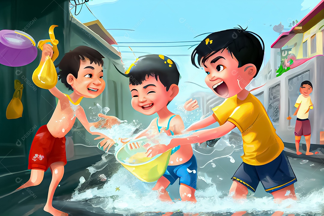 Crianças dos desenhos animados espirrando água na tradição tailandesa do festival songkran