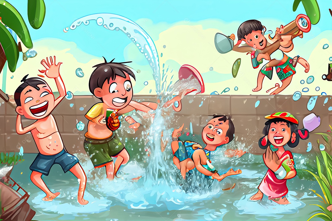 Crianças dos desenhos animados espirrando água na tradição tailandesa do festival songkran