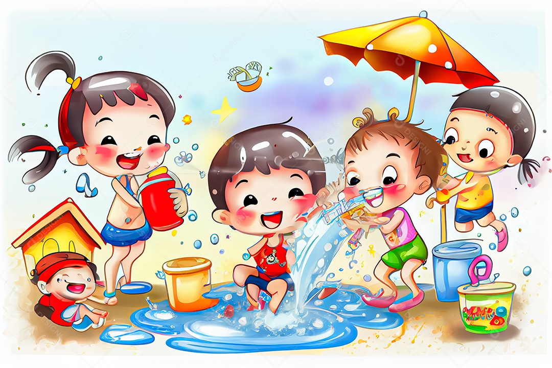 Crianças dos desenhos animados espirrando água na tradição tailandesa do festival songkran