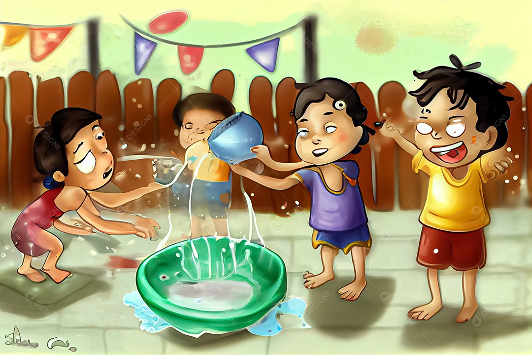 Crianças dos desenhos animados espirrando água na tradição tailandesa do festival songkran