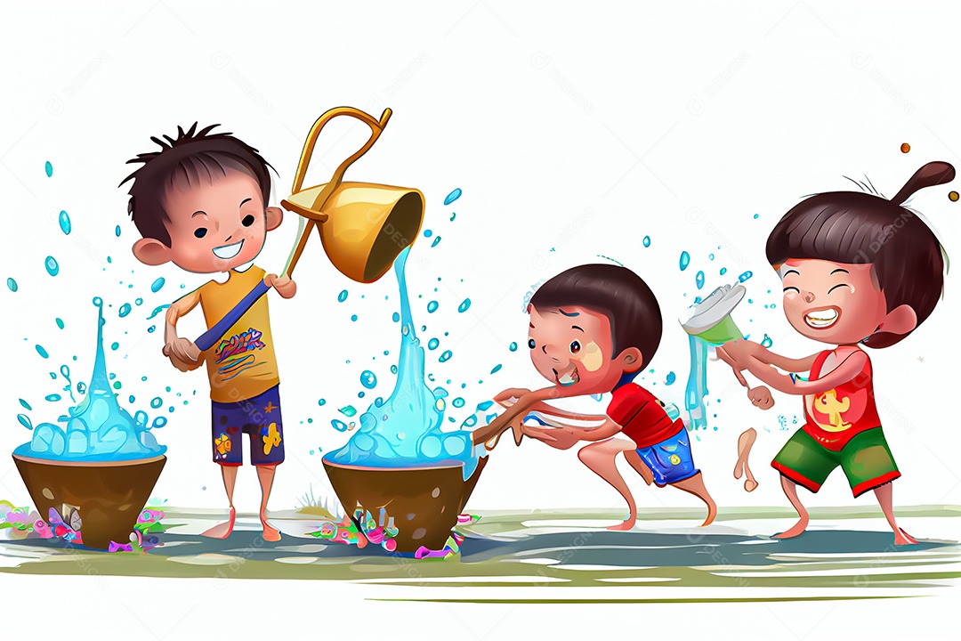 Crianças dos desenhos animados espirrando água na tradição tailandesa do festival songkran