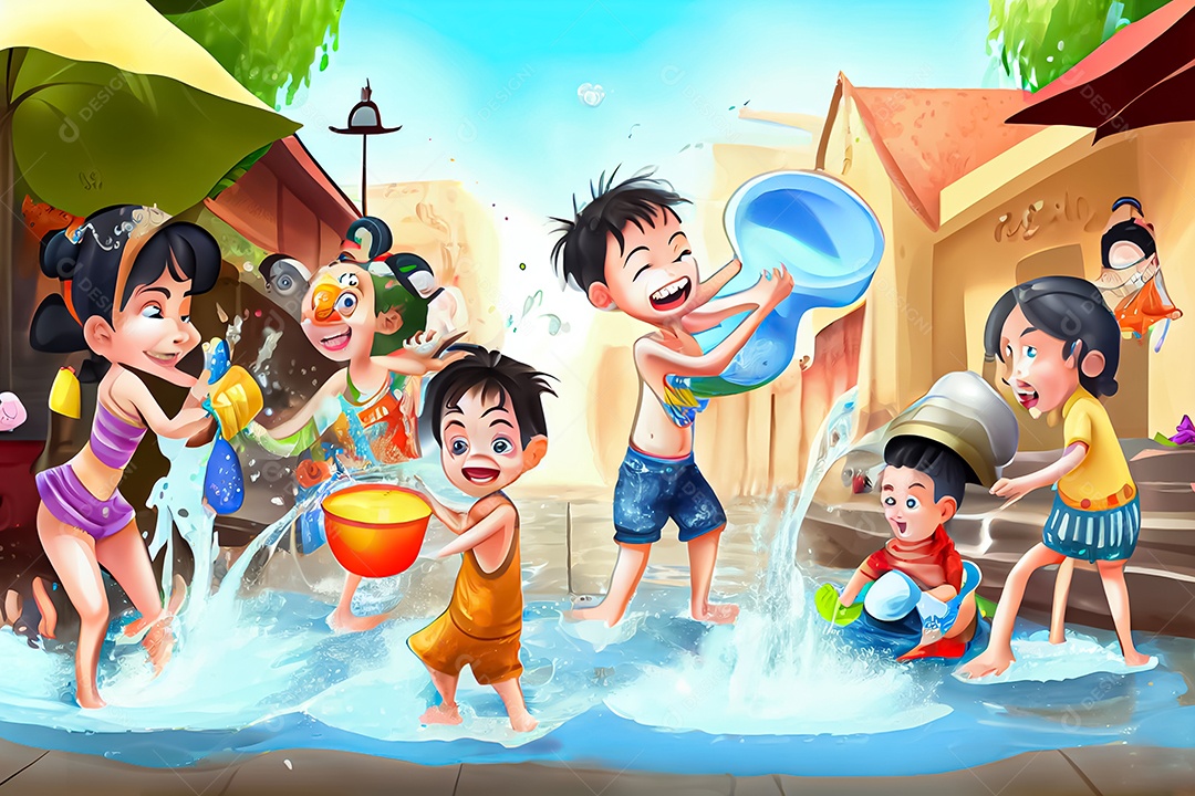 Crianças dos desenhos animados espirrando água na tradição tailandesa do festival songkran