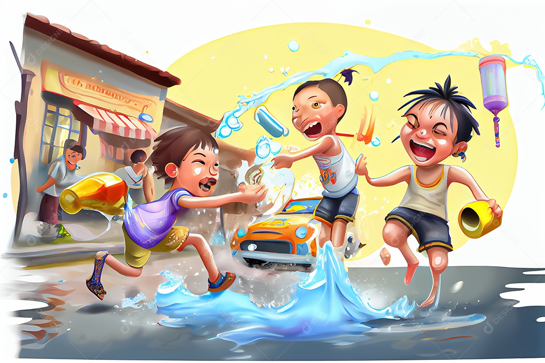 Crianças dos desenhos animados espirrando água na tradição tailandesa do festival songkran