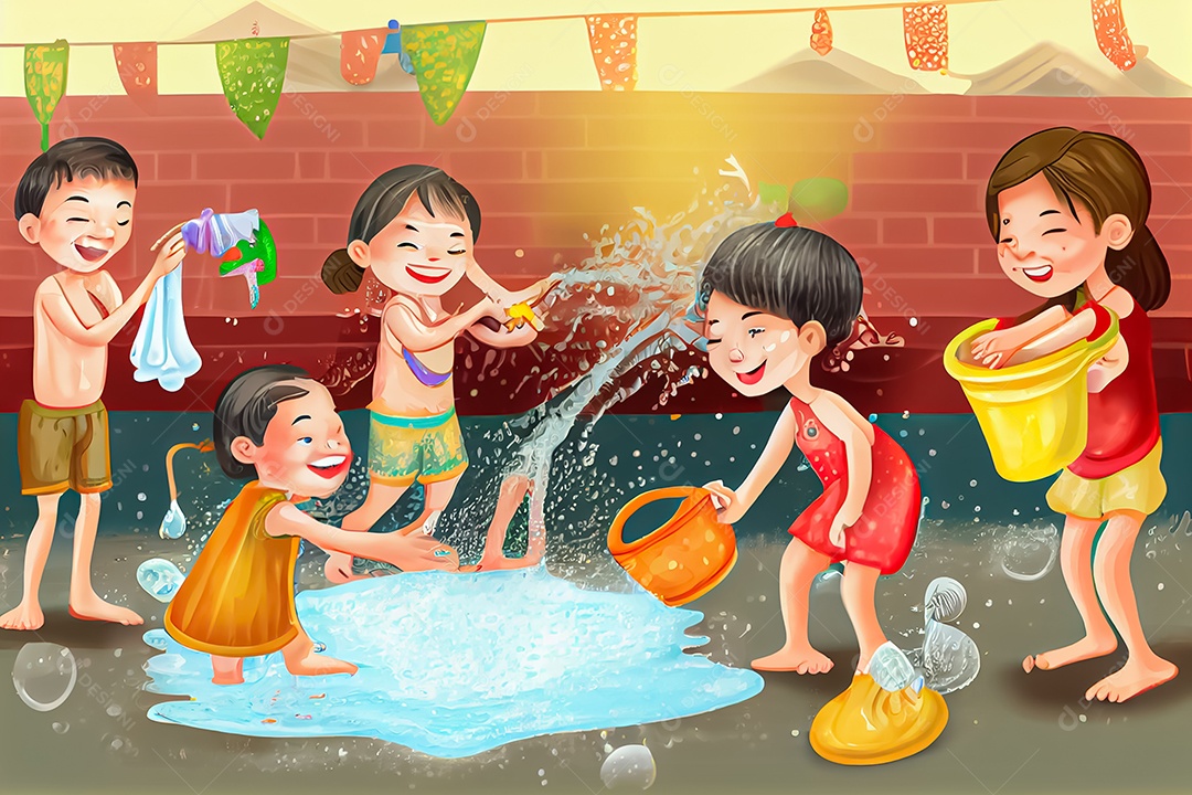 Crianças dos desenhos animados espirrando água na tradição tailandesa do festival songkran