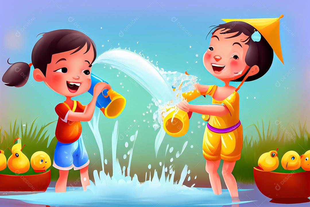 Crianças dos desenhos animados espirrando água na tradição tailandesa do festival songkran