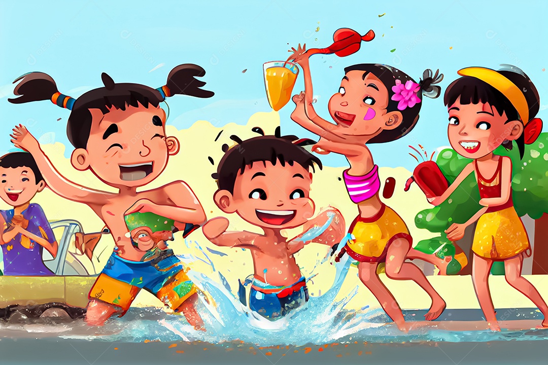 Crianças dos desenhos animados espirrando água na tradição tailandesa do festival songkran