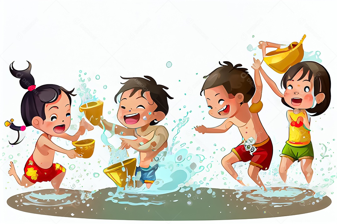 Crianças dos desenhos animados espirrando água na tradição tailandesa do festival songkran