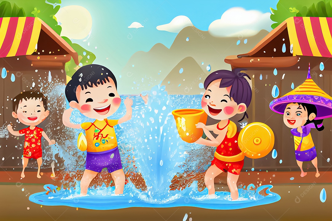 Crianças dos desenhos animados espirrando água na tradição tailandesa do festival songkran