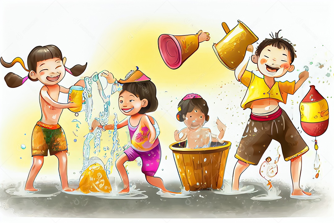Crianças dos desenhos animados espirrando água na tradição tailandesa do festival songkran