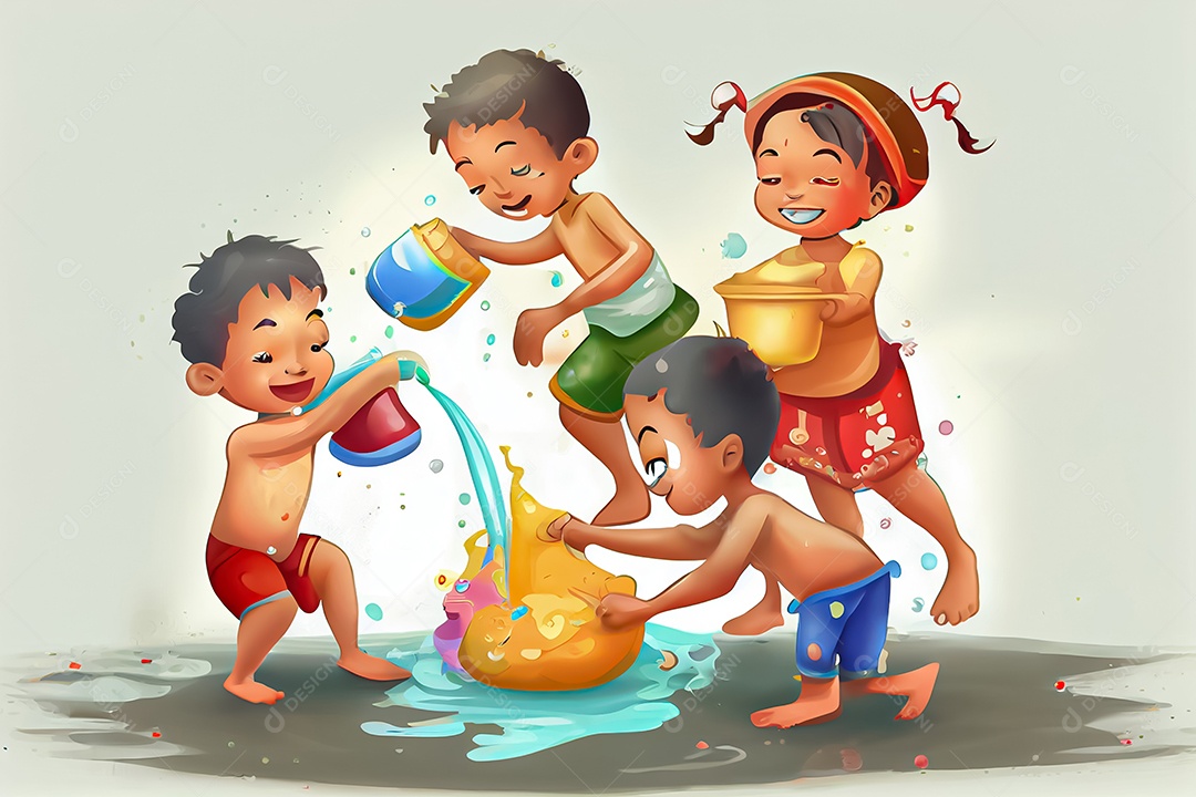 Crianças dos desenhos animados espirrando água na tradição tailandesa do festival songkran