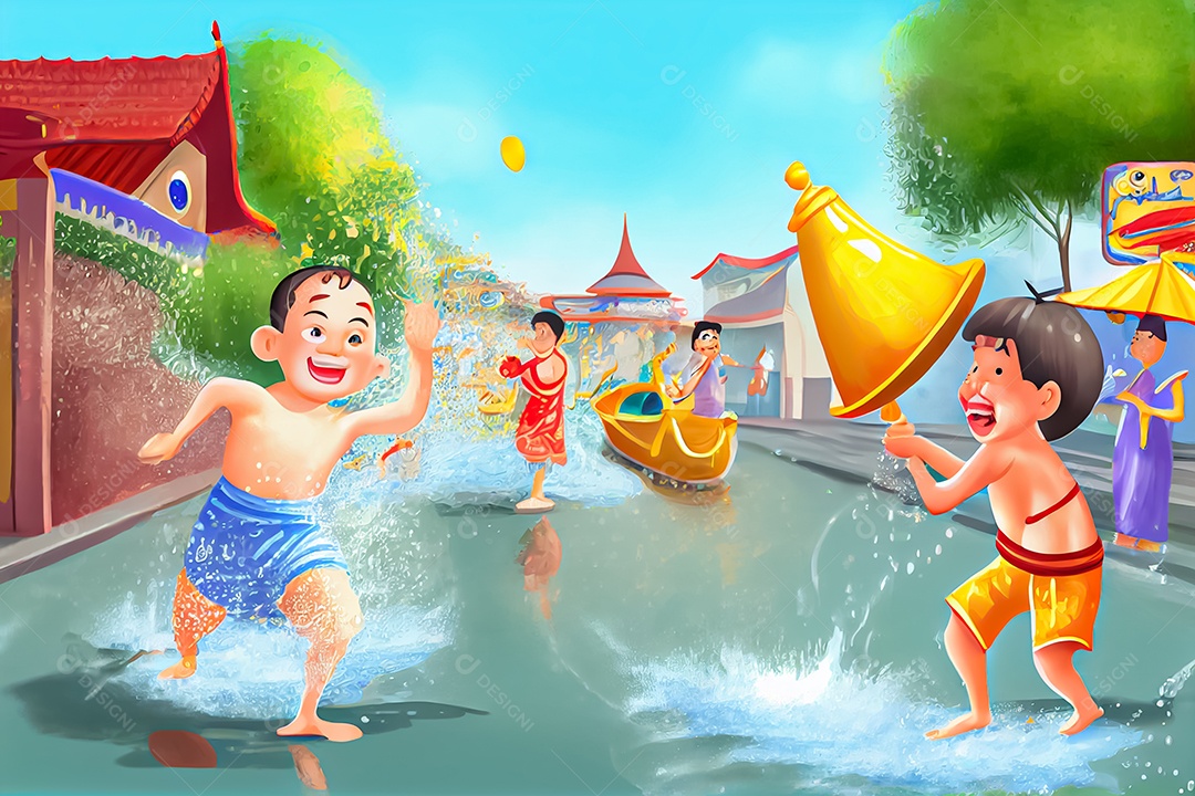 Crianças dos desenhos animados espirrando água na tradição tailandesa do festival songkran