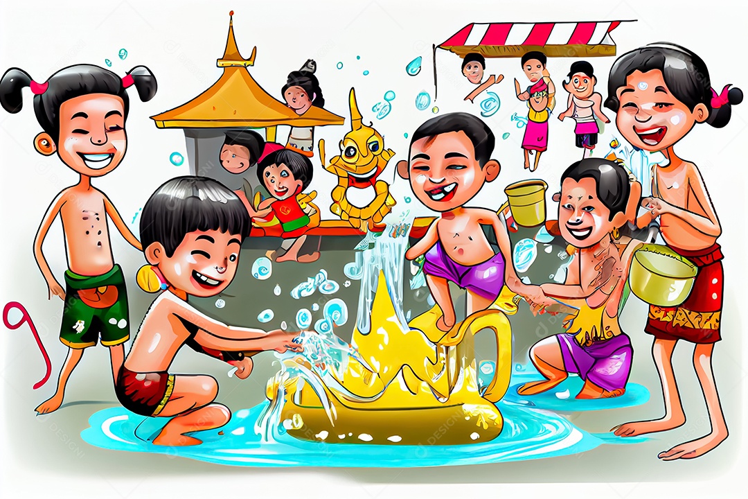 Crianças dos desenhos animados espirrando água na tradição tailandesa do festival songkran