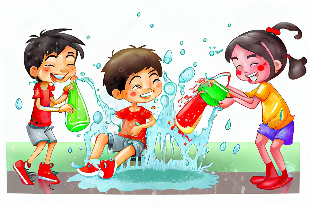 Crianças dos desenhos animados espirrando água na tradição tailandesa do festival songkran