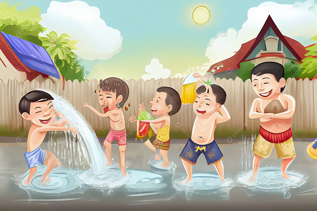 Crianças dos desenhos animados espirrando água na tradição tailandesa do festival songkran