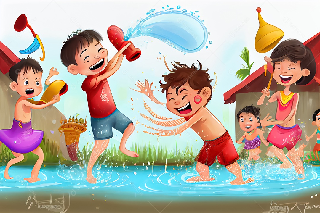 Crianças dos desenhos animados espirrando água na tradição tailandesa do festival songkran