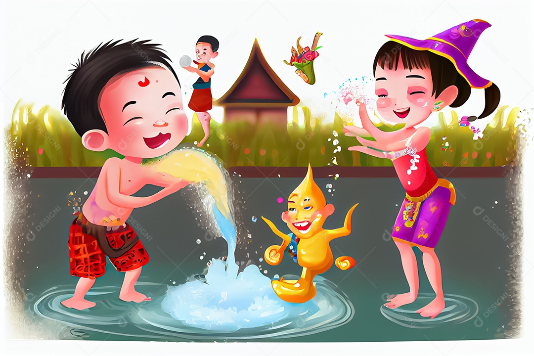 Crianças dos desenhos animados espirrando água na tradição tailandesa do festival songkran