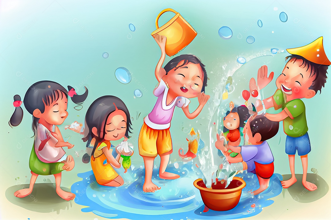 Crianças dos desenhos animados espirrando água na tradição tailandesa do festival songkran