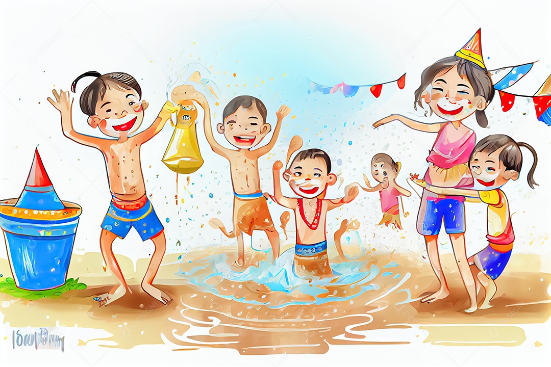 Crianças dos desenhos animados espirrando água na tradição tailandesa do festival songkran