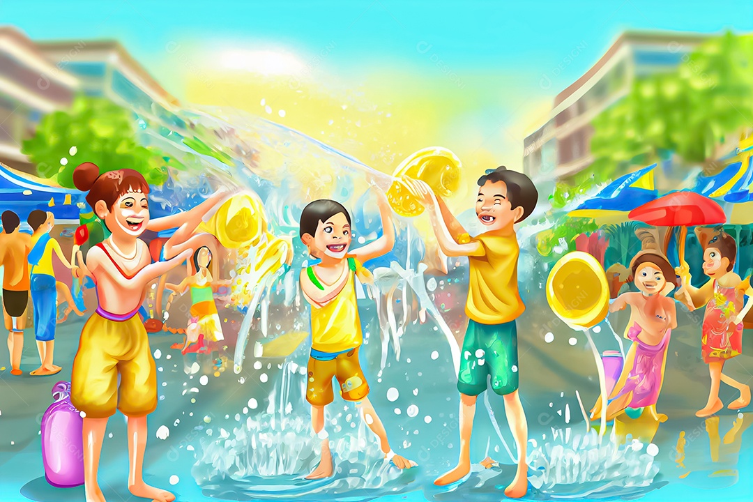 Crianças dos desenhos animados espirrando água na tradição tailandesa do festival songkran