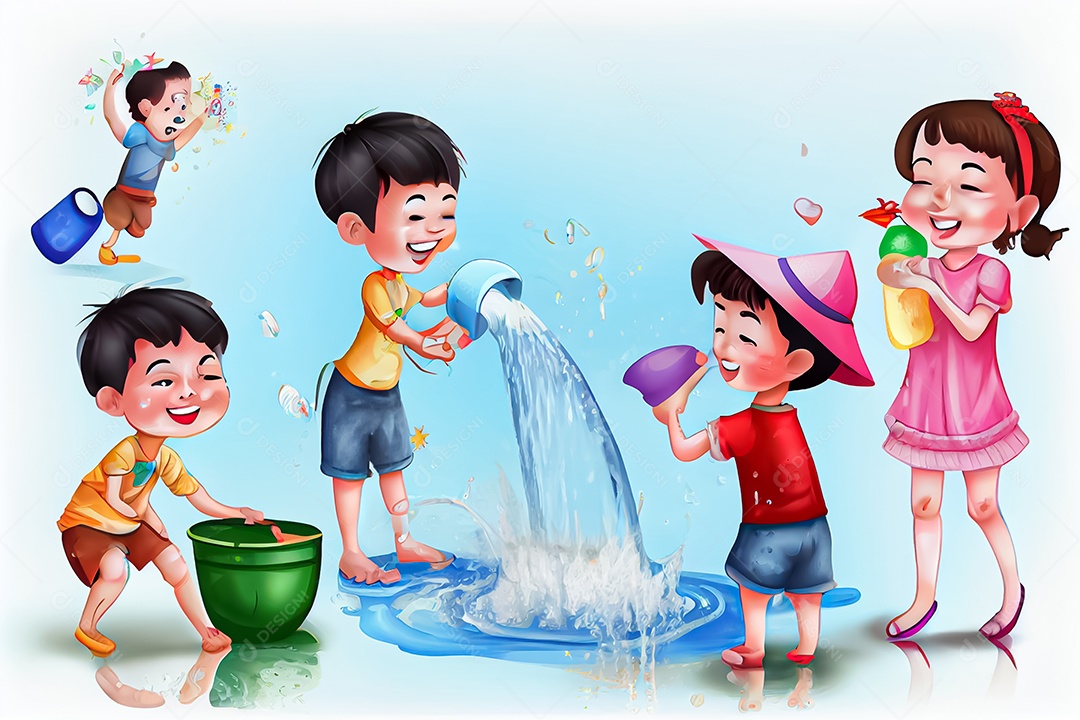 Crianças dos desenhos animados espirrando água na tradição tailandesa do festival songkran