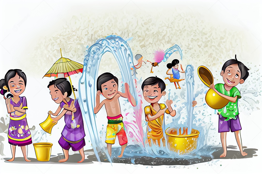 Crianças dos desenhos animados espirrando água na tradição tailandesa do festival songkran