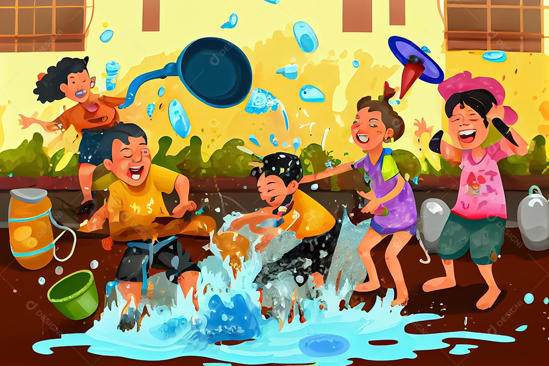 Crianças dos desenhos animados espirrando água na tradição tailandesa do festival songkran
