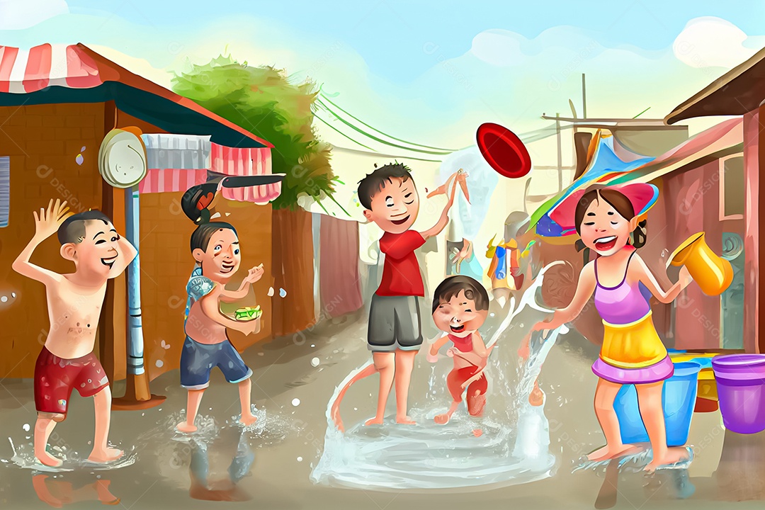 Crianças dos desenhos animados espirrando água na tradição tailandesa do festival songkran