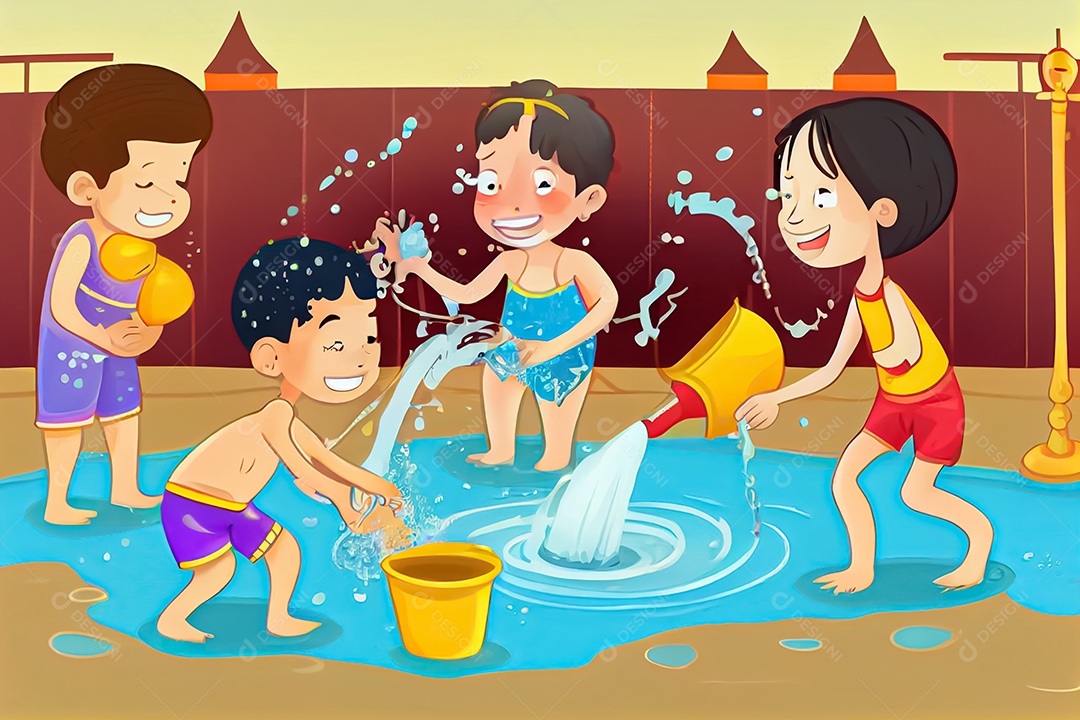 Crianças dos desenhos animados espirrando água na tradição tailandesa do festival songkran