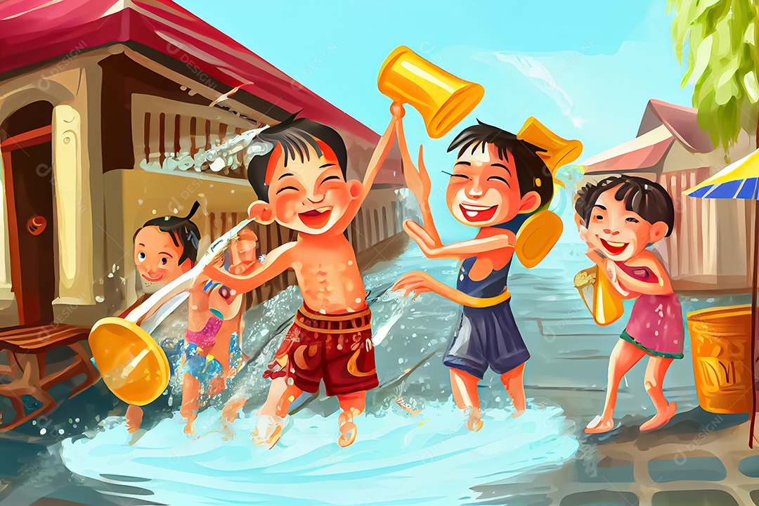 Crianças dos desenhos animados espirrando água na tradição tailandesa do festival songkran