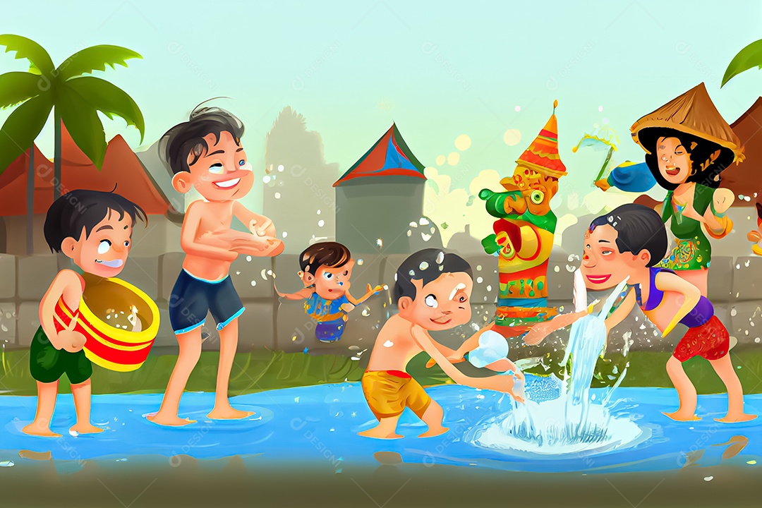 Crianças dos desenhos animados espirrando água na tradição tailandesa do festival songkran