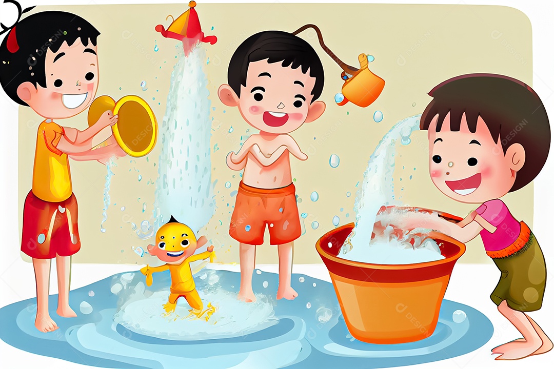 Crianças dos desenhos animados espirrando água na tradição tailandesa do festival songkran