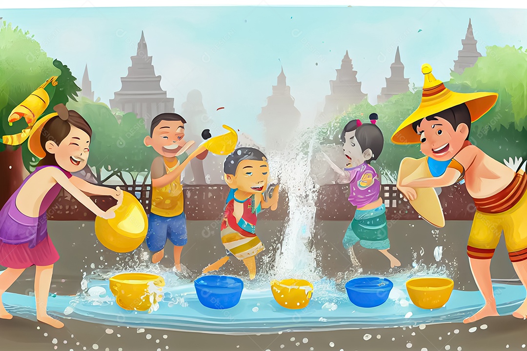 Crianças dos desenhos animados espirrando água na tradição tailandesa do festival songkran