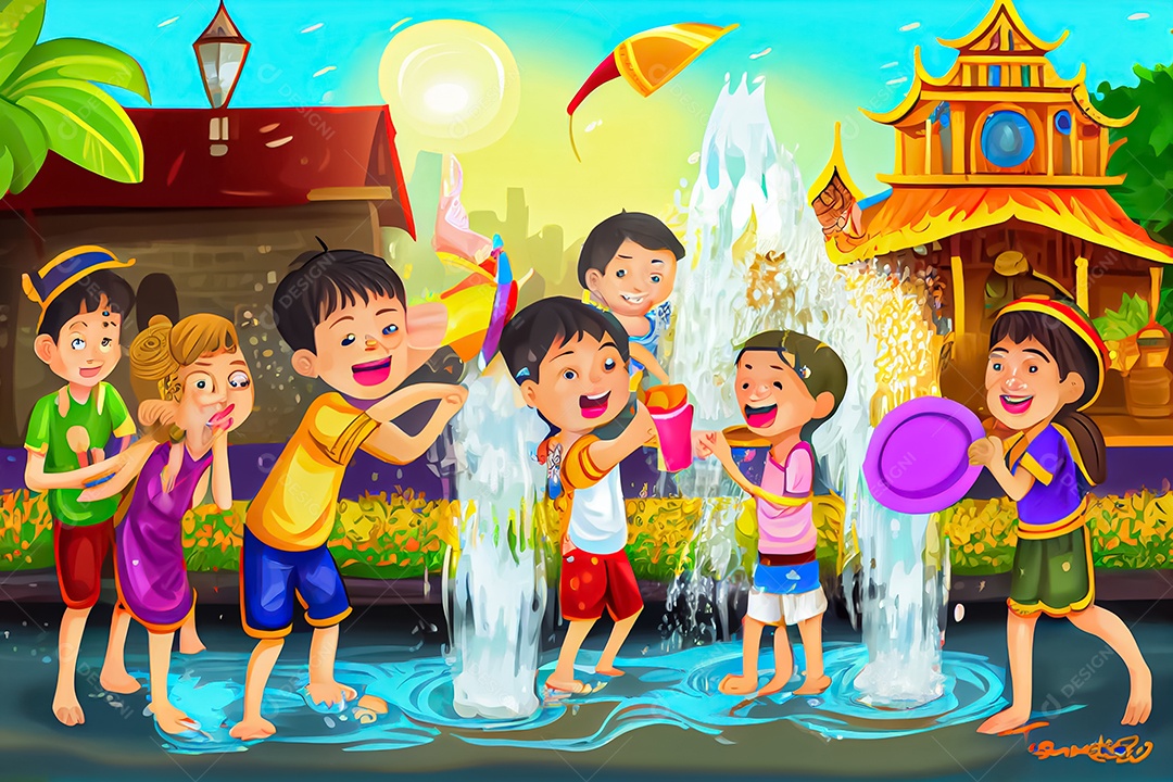 Crianças dos desenhos animados espirrando água na tradição tailandesa do festival songkran