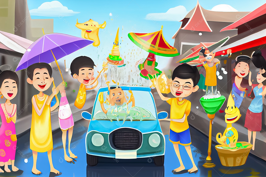 Crianças dos desenhos animados espirrando água na tradição tailandesa do festival songkran