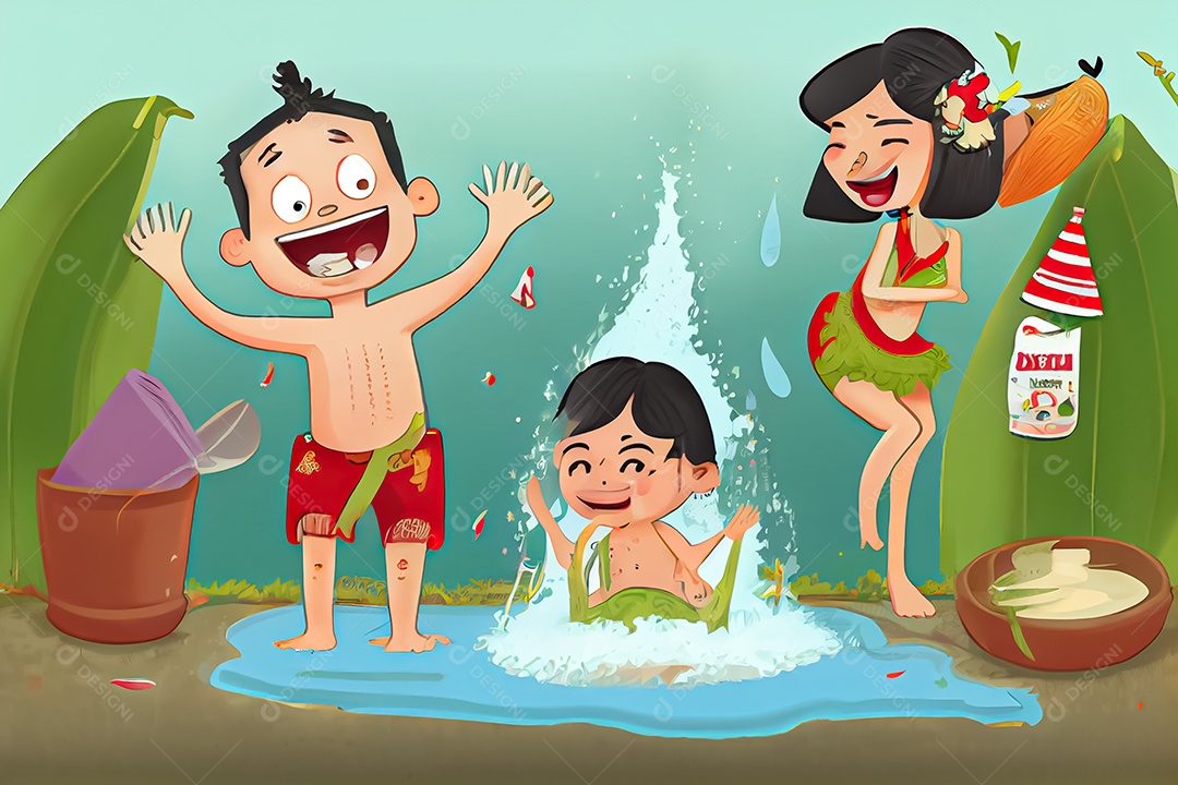 Crianças dos desenhos animados espirrando água na tradição tailandesa do festival songkran