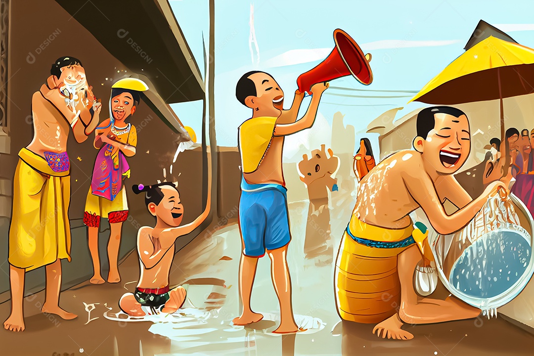 Crianças dos desenhos animados espirrando água na tradição tailandesa do festival songkran